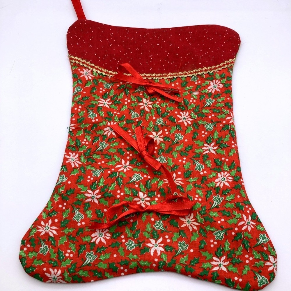 Handmade Dog Bone Shaped Christmas Stocking Red Gold Green 11 X8 Inches